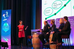 (Left to right) Tarryn Gore, founder and CEO of Kafoodle, winner of the Startup Summit Competition 2017; Ed Craig, Head of Innovation & Enterprise, ECCI; Calum Forsyth, CEO, SeedHaus; Jackie Waring, CEO, Investing Women; Cameron Graham, Founder of StoriiCare and winner of the Startup Summit Competition 2016.