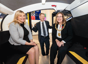 (L-R) Helen Wylde, Chief Engagement Officer at Transport Systems Catapult, shares some insights into autonomous vehicles with Ivan McKee, Minister for Trade, Investment and Innovation, and the Lord Provost of Glasgow, Eva Bolander.