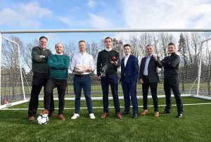 (L-R) John Murray from TechStart NI, founders of Pitchbooking Shea O’Hagan, Chris McCann and Fearghal Campbell, Chris Trotter from Clarendon Fund Managers and Aurient Ltd partners Cecil Hetherington and Anthony Kieran