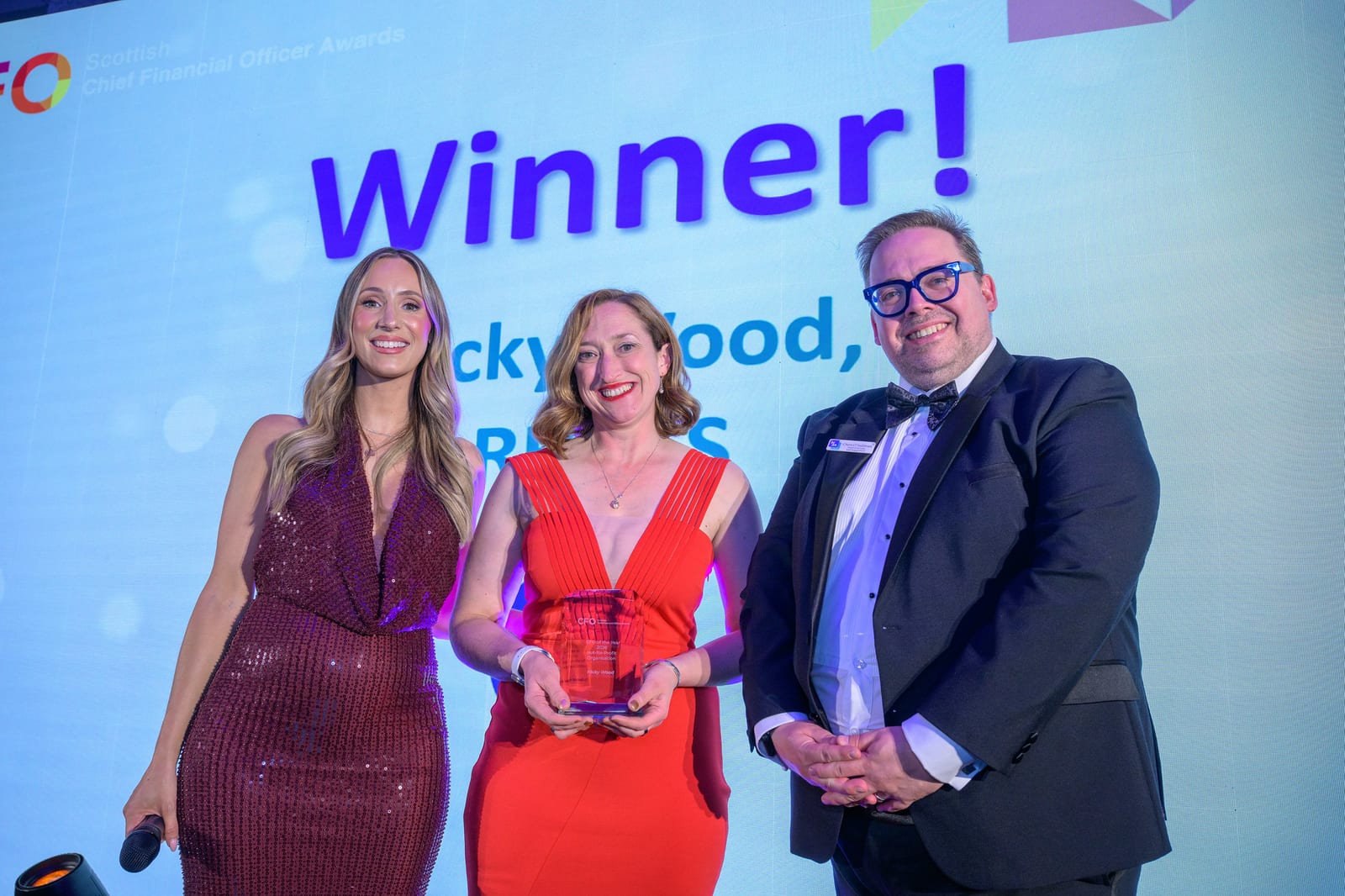 L-R: awards host Amy Irons, Group Finance Director at RHASS Nicky Wood, and Chris O'Sullivan, Head of Income and Engagement at ICAS Foundation (charity partner for the Scottish CFO Awards) Credit: RHASS Group